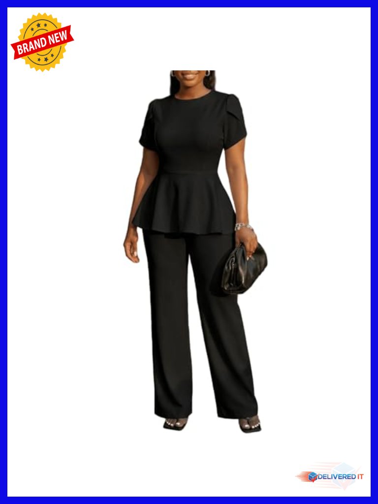 2 Piece Pants Suit Dressy Ruffle Short Sleeve Peplum Tops And Pants Sets